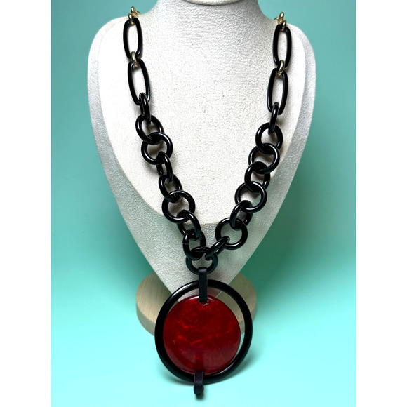 Chico's Jewelry - Chico's Black Label Red Black Bold Statement Necklace Acrylic Lucite Links Gold
